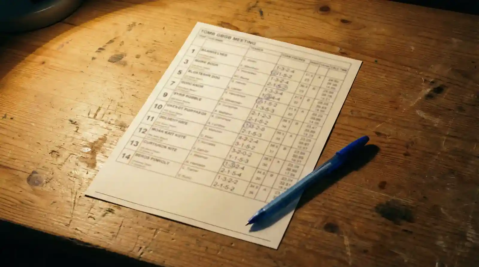 Printed greyhound racecard with form figures, trap numbers and running comments highlighted