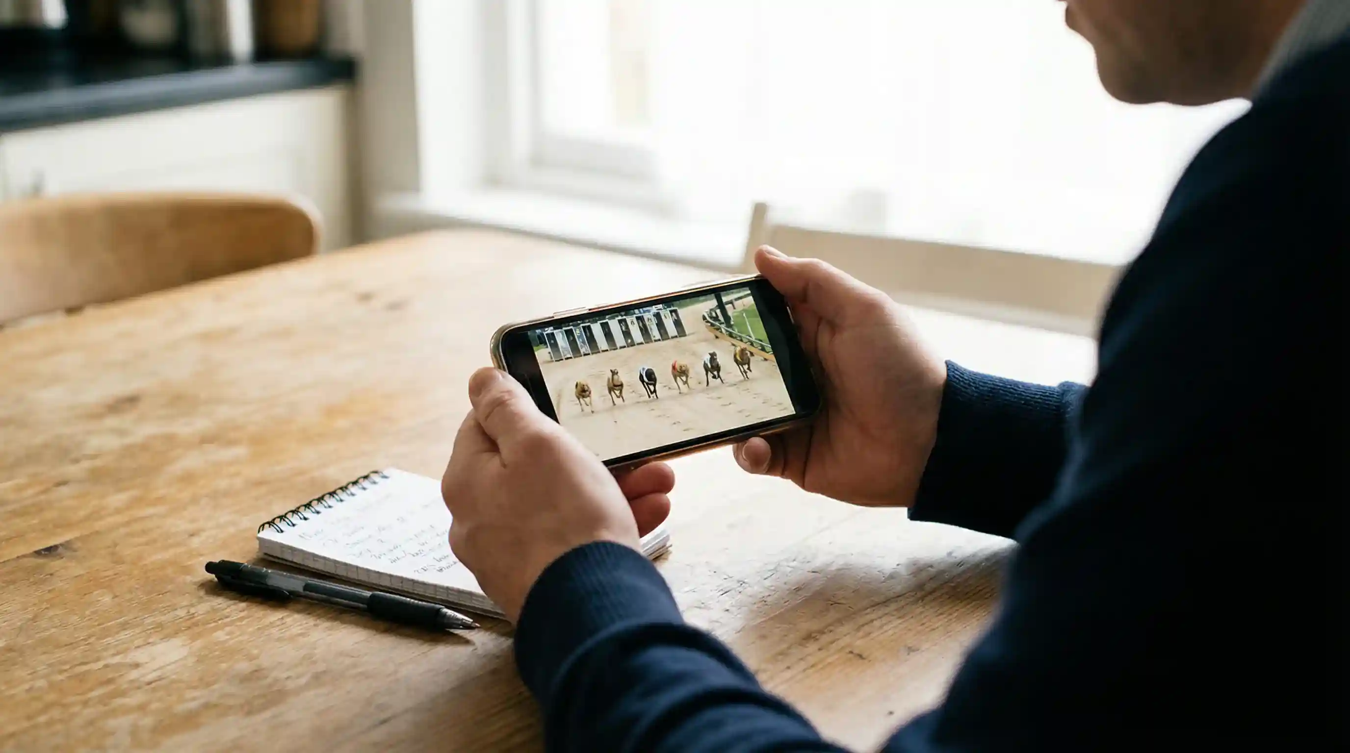 Person watching a live greyhound race on a smartphone while seated at a table with a notepad