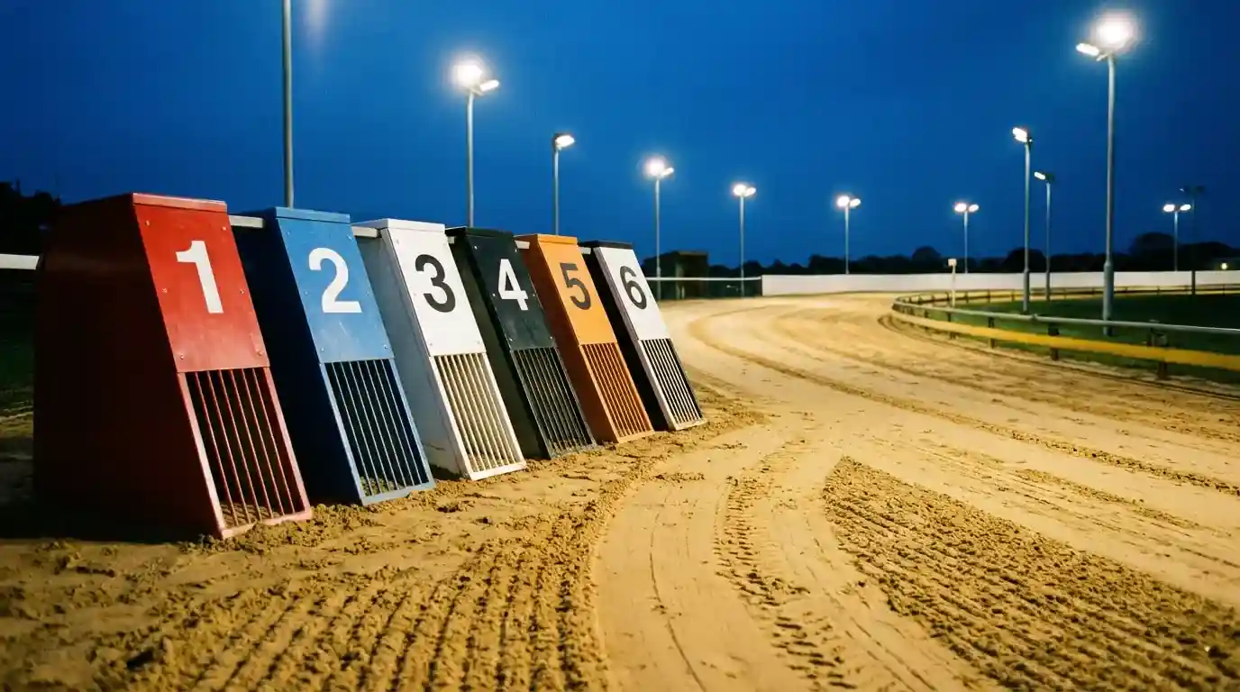 Greyhound racing starting traps at a UK sand track under floodlights