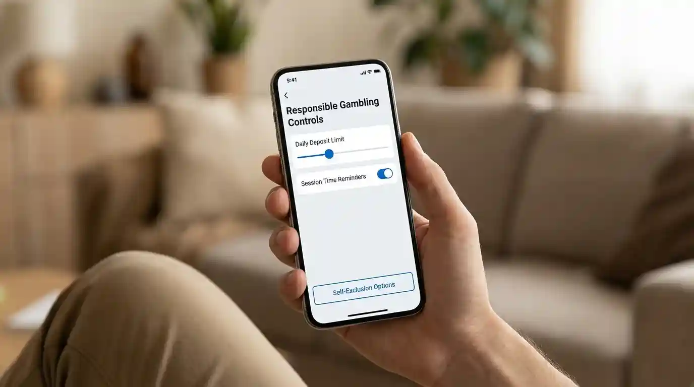 Smartphone screen showing responsible gambling settings with deposit limit controls